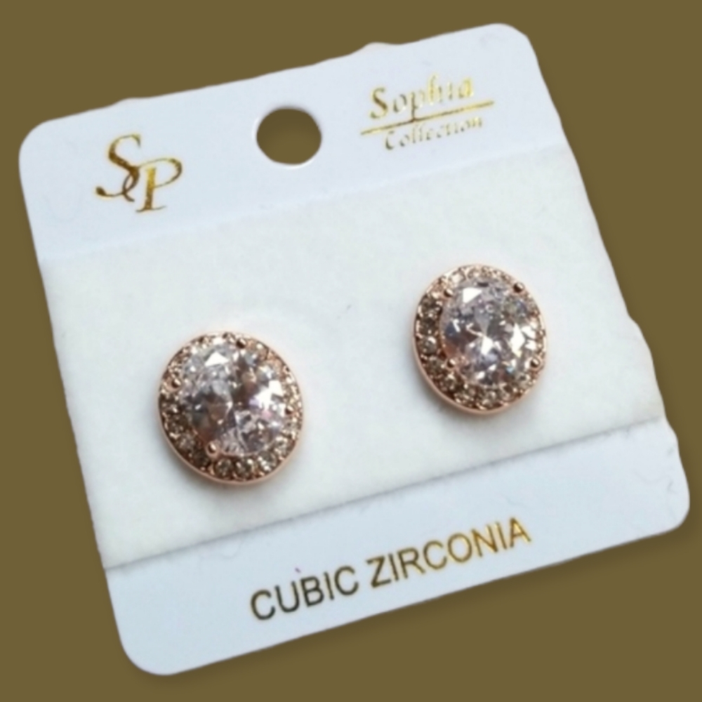 Cubic Zirconia Rose Gold Post Back Oval Earrings For Pierced Ears - Picture 2 of 12
